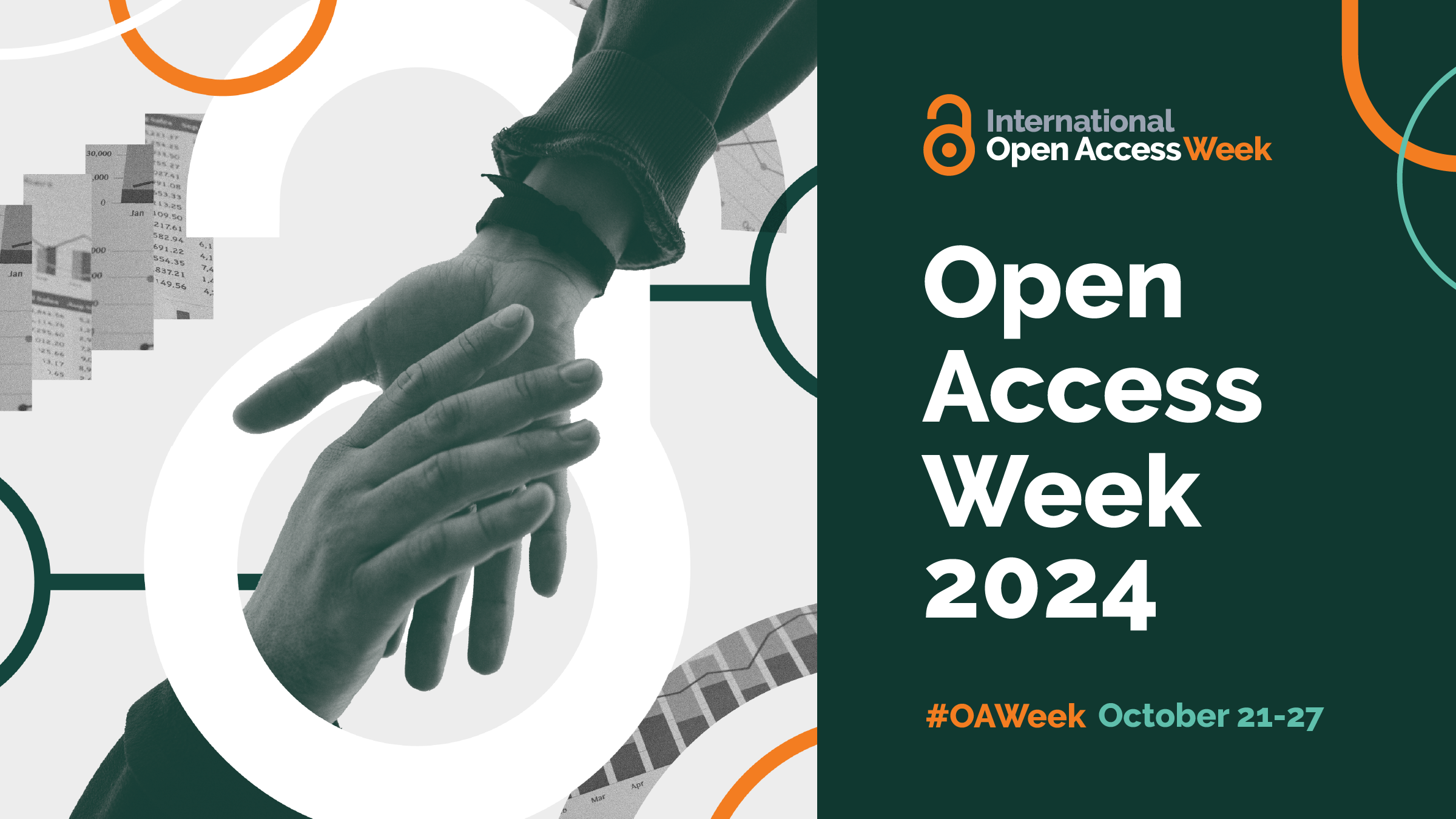 A picture that shows two hands shaking through an open lock with the words International Open Access Week 2024 and the dates October 21-27