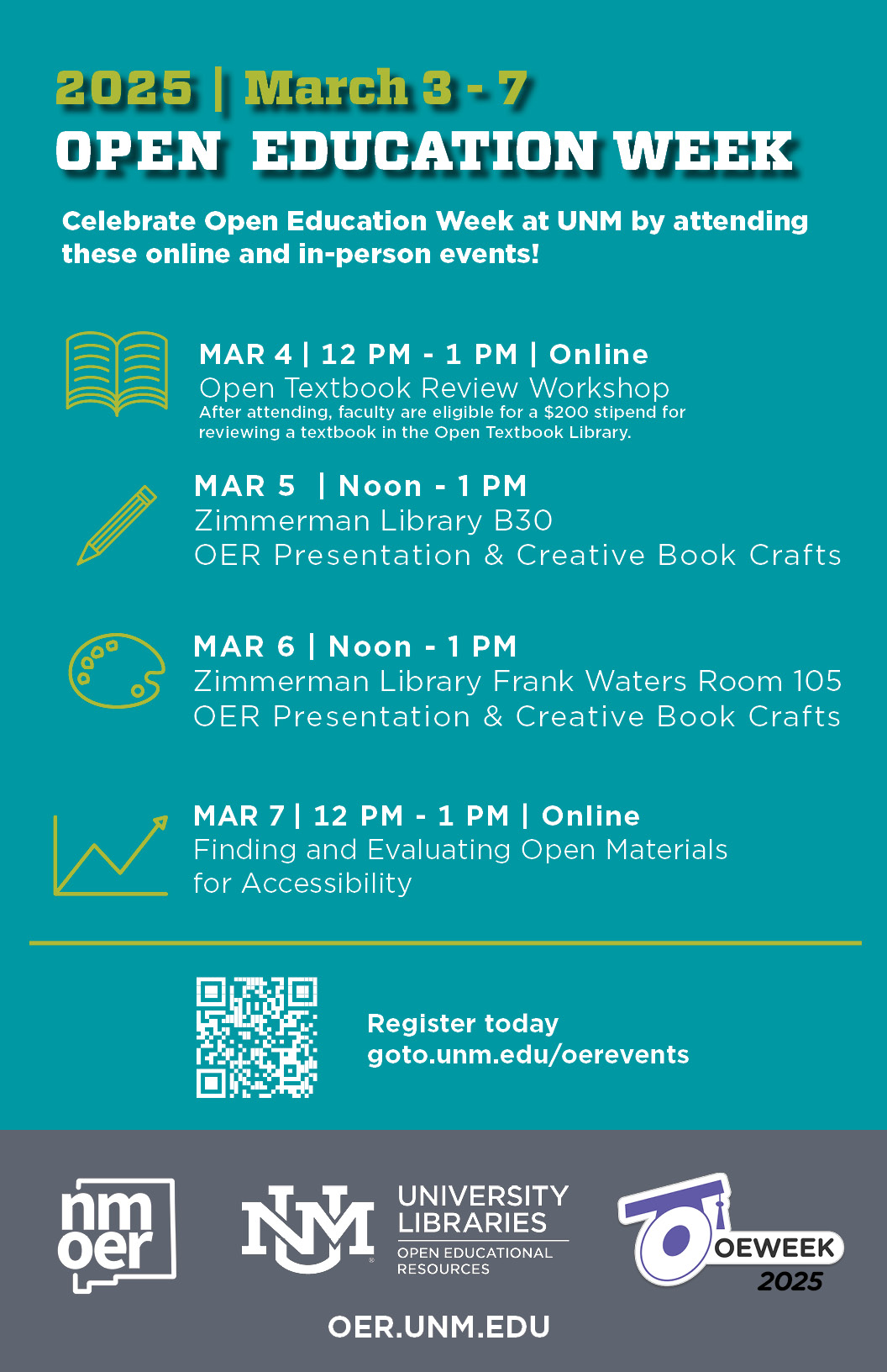 A digital flyer for Open Education Week 2025, happening from March 3-7 at the University of New Mexico. The flyer has a teal background with white and yellow text. It lists four events: (1) An online Open Textbook Review Workshop on March 4 from 12 PM to 1 PM, where faculty can receive a $200 stipend for reviewing a textbook. (2) An OER Presentation & Creative Book Crafts session on March 5 from Noon to 1 PM in Zimmerman Library B30. (3) Another OER Presentation & Creative Book Crafts session on March 6 from Noon to 1 PM in Zimmerman Library Frank Waters Room 105. (4) An online session on Finding and Evaluating Open Materials for Accessibility on March 7 from 12 PM to 1 PM. The flyer includes a QR code for registration, the URL 'goto.unm.edu/oerevents,' and logos for NM OER, UNM University Libraries, and Open Education Week 2025.