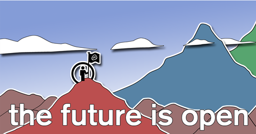 Text that says The Future Is Open over a background of mountains