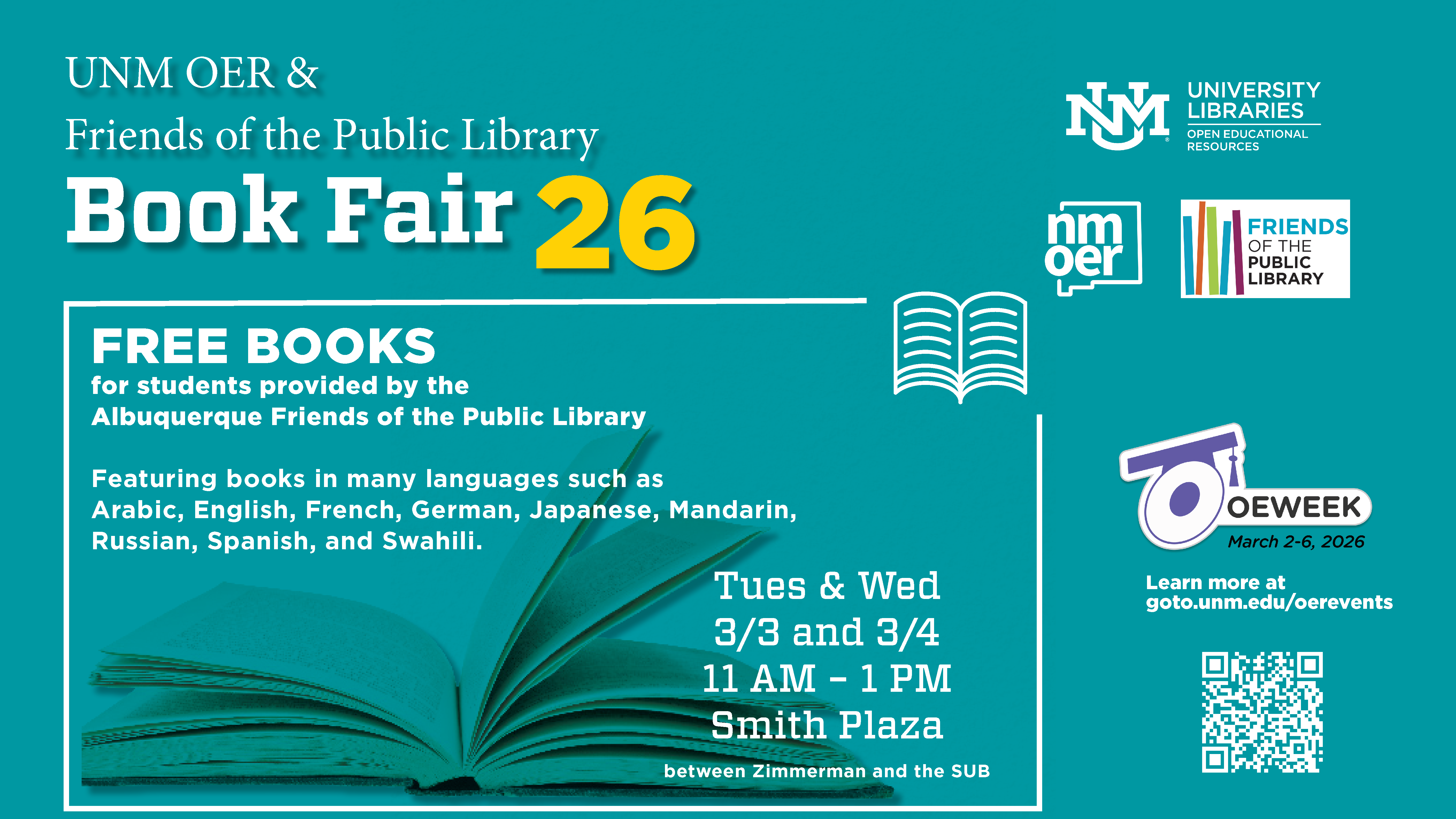 Open Education Week 2026 book fair flyer with all of the details from above. As well as the logos for UNM OER, Open Ed Week Global, NMOER, and Friends of the Public Library. There is a QR code to this event page.