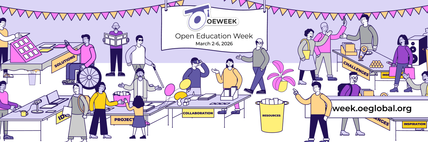 Open Education Week 2026 Website Banner with people moving around a series of tables with all of the different topics related to OER.