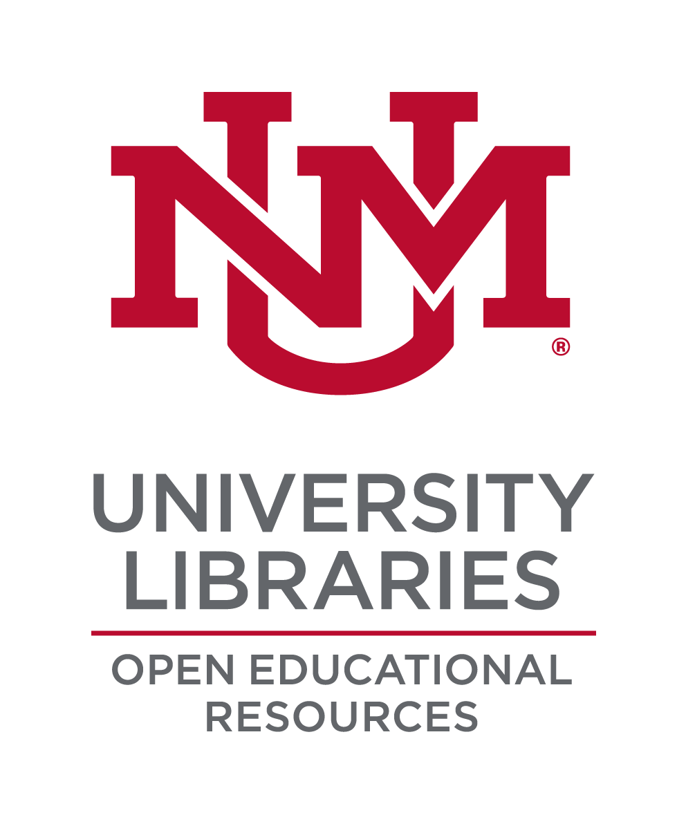 Logo for OER Initiative at UNM, which says UNM in red font, and in gray, it says University Libraries, and underneath that it says Open Educational Resources